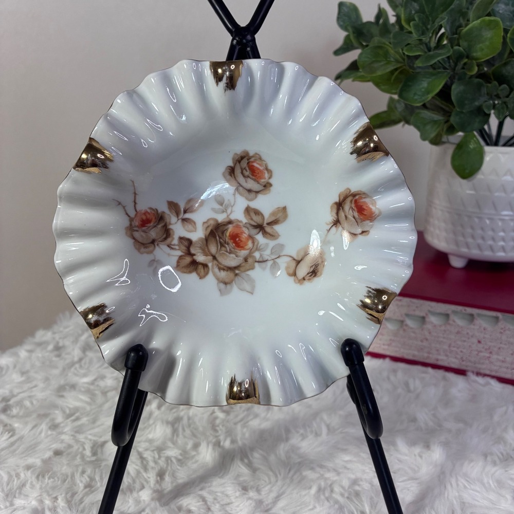 VTG Mitterteich Germany Porcelain Ruffled Floral Jewelry Dish Ashtray Gold Trim